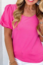 Bright Pink Casual Round Neck Bubble Sleeve Blouse for Women Woman T Shirts