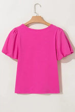 Bright Pink Casual Round Neck Bubble Sleeve Blouse for Women Woman T Shirts