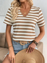 Brown and White Striped V Neck Waffle Knit Short Sleeve Top Camel Woman T Shirts