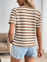 Brown and White Striped V Neck Waffle Knit Short Sleeve Top Woman T Shirts