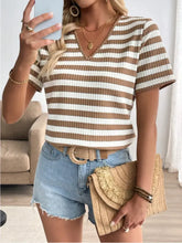 Brown and White Striped V Neck Waffle Knit Short Sleeve Top Woman T Shirts