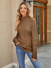 Brown Cable Knit Turtleneck Sweater with Long Sleeves Caramel Sweater Pullovers