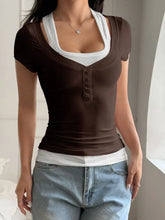 Brown Contrast Short Sleeve Fake Two Layered Button Up Top for Women Woman T Shirts