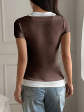 Brown Contrast Short Sleeve Fake Two Layered Button Up Top for Women Woman T Shirts