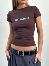 Brown Cropped Fitted T-Shirt with Turquoise Text for Women Brown Woman T Shirts