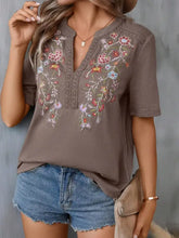 Brown Embroidered V Neck Short Sleeve Top for Women Woman T Shirts