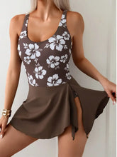 Brown Floral Swim Dress One Piece Swimsuit with Sarong Skirt Swimwear
