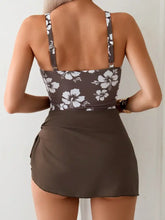 Brown Floral Swim Dress One Piece Swimsuit with Sarong Skirt Swimwear