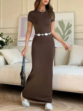 Brown Maxi Dress with Belt and Stretch Fabric Maxi Dresses