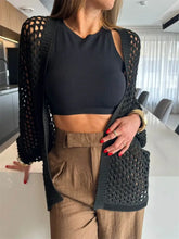 Brown High-Waisted Wide-Leg Trousers with Black Knit Cardigan Cover-Up Black Swimwear Cover-Ups
