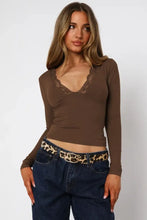 Brown Lace Trim Long Sleeve Top for Women Woman T Shirts