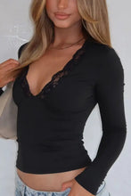 Brown Lace Trim Long Sleeve Top for Women Woman T Shirts