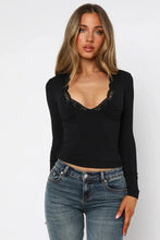 Brown Lace Trim Long Sleeve Top for Women Woman T Shirts