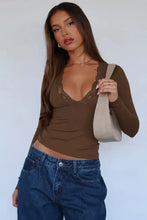 Brown Lace Trim Long Sleeve Top for Women Woman T Shirts