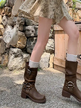 Brown Leather Mid-Calf Round Toe Buckle Boots for Women Woman Boots