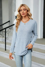 Brown Long Sleeve Round Neck Buttoned Casual Top for Women Light Blue Woman T Shirts