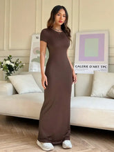 Brown Maxi Dress with Belt and Stretch Fabric Maxi Dresses