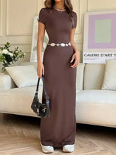 Brown Maxi Dress with Belt and Stretch Fabric Maxi Dresses