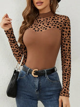 Brown Mesh Top with Heart Pattern and Sheer Sleeves Woman T Shirts