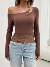 Brown One Shoulder Long Sleeve Lace Trim Top Woman T Shirts