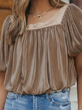 Brown Pleated Square Neck Blouse for Women Mocha Woman T Shirts