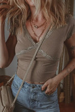 Brown Ribbed Knit Top with Lace Trim for Women Mocha Woman T Shirts