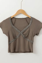 Brown Ribbed Knit Top with Lace Trim for Women Woman T Shirts