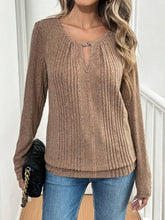 Brown Ribbed Long Sleeve Knit Top for Women Camel Woman T Shirts