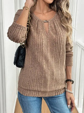 Brown ribbed long sleeve knit top with keyhole neckline