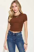 Brown Ribbed Round Neck Short Sleeve Crop Top for Women Dark Brown Woman T Shirts