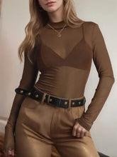 Brown Sheer Mesh Long Sleeve Top for Women Caramel Woman T Shirts