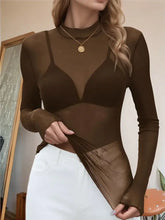 Brown Sheer Mesh Long Sleeve Top for Women Woman T Shirts