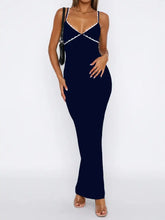Brown Spaghetti Strap Maxi Dress with White Trim Navy Evening Dresses