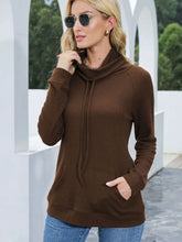 Brown Waffle Knit Cowl Neck Sweatshirt with Drawstring and Pockets Dark Brown Woman T Shirts
