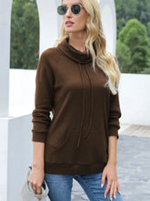 Brown Waffle Knit Cowl Neck Sweatshirt with Drawstring and Pockets Woman T Shirts