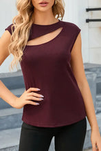 Burgundy Cap Sleeve Asymmetrical Cutout Knit Top for Women Dark Brown Woman T Shirts