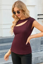 Burgundy Cap Sleeve Asymmetrical Cutout Knit Top for Women Woman T Shirts