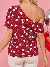 Burgundy Heart Pattern Off Shoulder Blouse for Women Woman T Shirts
