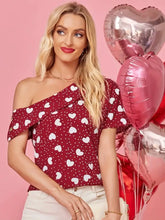 Burgundy Heart Pattern Off Shoulder Blouse for Women Woman T Shirts