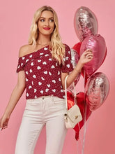 Burgundy Heart Pattern Off Shoulder Blouse for Women Woman T Shirts