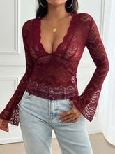 Burgundy Lace Long Sleeve Semi Sheer Top for Women Burgundy Woman T Shirts