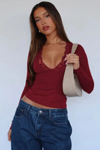 Burgundy Lace Trim Long Sleeve Top for Women Woman T Shirts