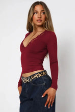 Burgundy Lace Trim Long Sleeve Top for Women Woman T Shirts