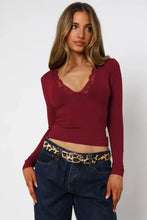 Burgundy Lace Trim Long Sleeve Top for Women Woman T Shirts