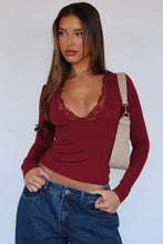 Burgundy Lace Trim Long Sleeve Top for Women Woman T Shirts