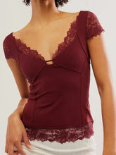 Burgundy Lace-Trimmed Semi-Sheer Top for Women Burgundy Woman T Shirts