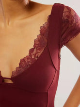 Burgundy Lace-Trimmed Semi-Sheer Top for Women Woman T Shirts