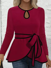Burgundy Long Sleeve Peplum Top with Black Trim for Women Burgundy Woman T Shirts