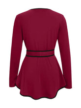 Burgundy Long Sleeve Peplum Top with Black Trim for Women Woman T Shirts