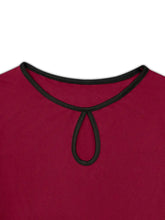 Burgundy Long Sleeve Peplum Top with Black Trim for Women Woman T Shirts